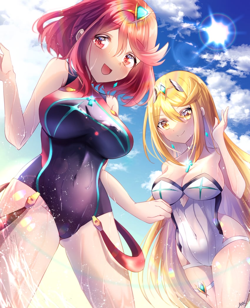 pyra and mythra (xenoblade chronicles and 1 more) drawn by amanoru_mozuku