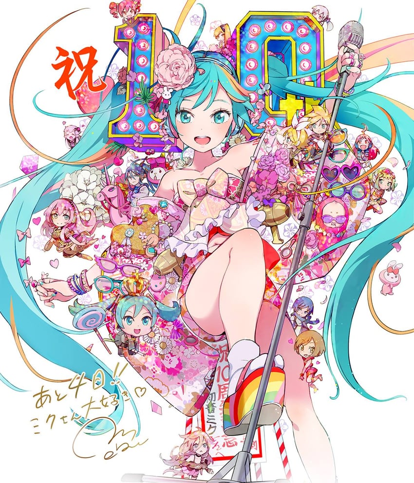 hatsune miku, kagamine rin, kagamine len, megurine luka, kasane teto, and 11 more (vocaloid and 3 more) drawn by mebae