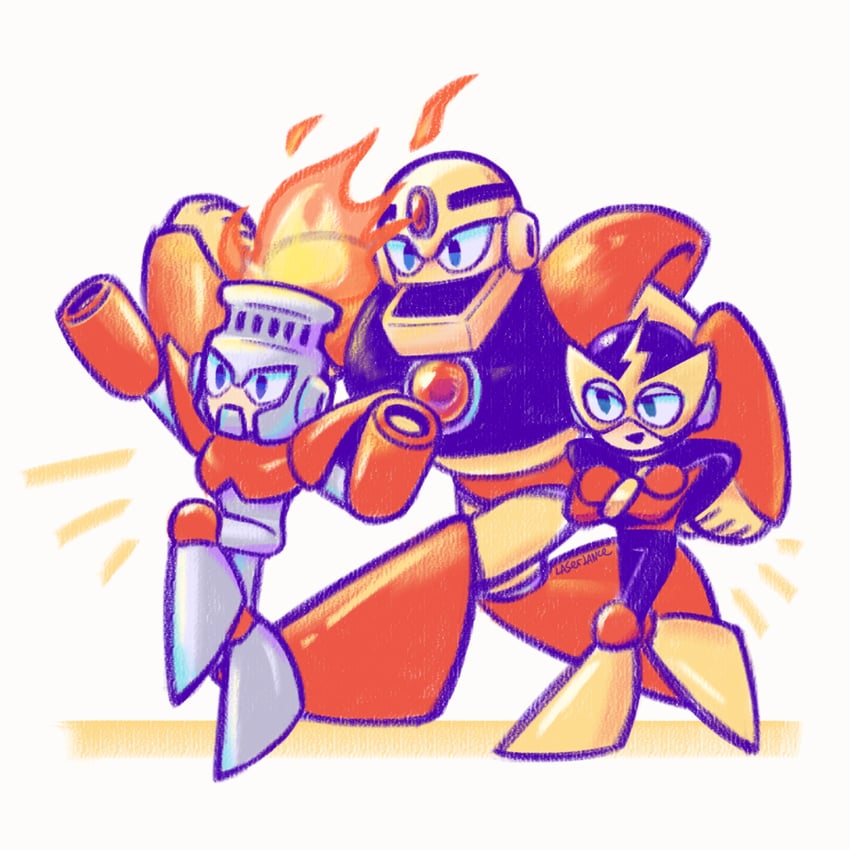 elec man, fire man, and guts man (mega man and 1 more) drawn by laser-lance