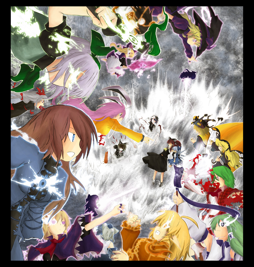 hakurei reimu, kirisame marisa, remilia scarlet, kochiya sanae, konpaku youmu, and 15 more (touhou and 2 more) drawn by dmt_(auburn)