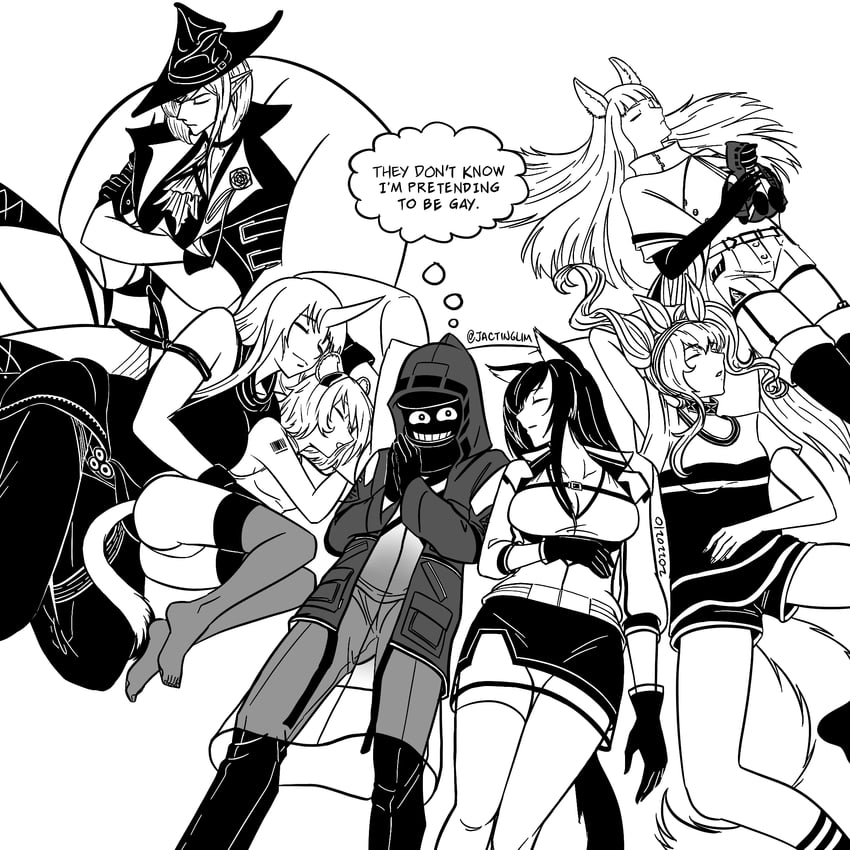 doctor, angelina, hoshiguma, male doctor, blaze, and 3 more (arknights) drawn by jactinglim