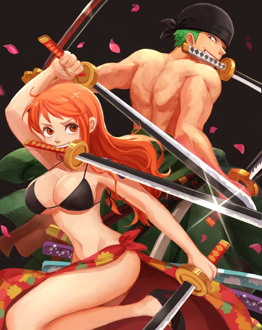 nami and roronoa zoro (one piece) drawn by oekakiboya