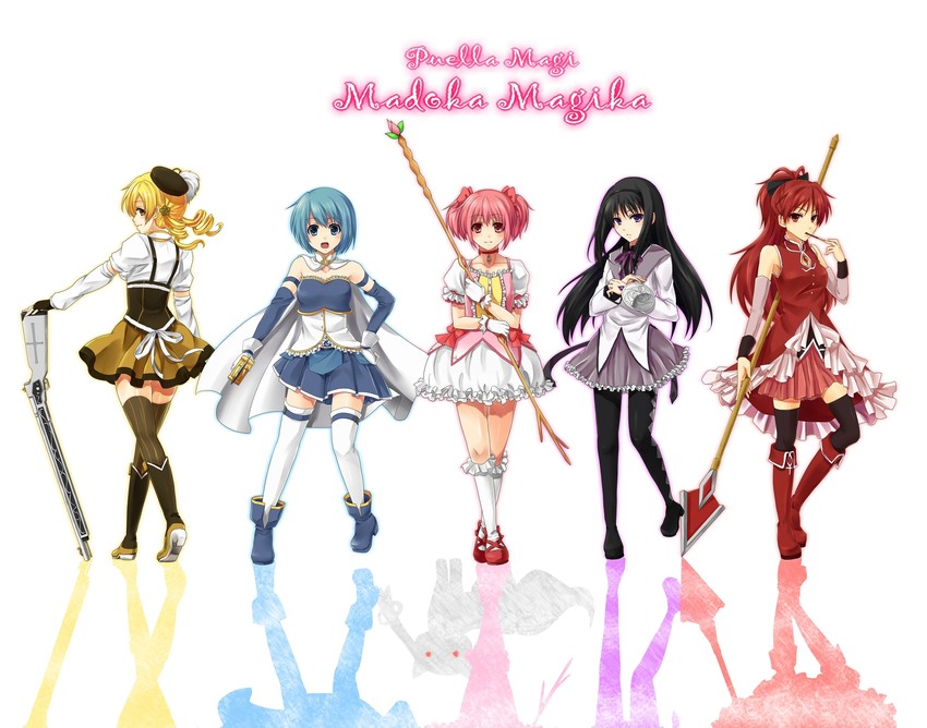 akemi homura, kaname madoka, miki sayaka, sakura kyoko, tomoe mami, and 1 more (mahou shoujo madoka magica) drawn by aoinu_(shuumatsugeki)