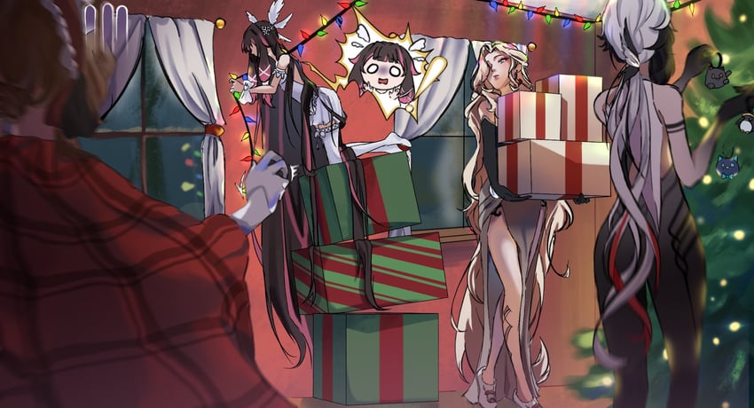 arlecchino, columbina, signora, and sandrone (genshin impact) drawn by sakarvia