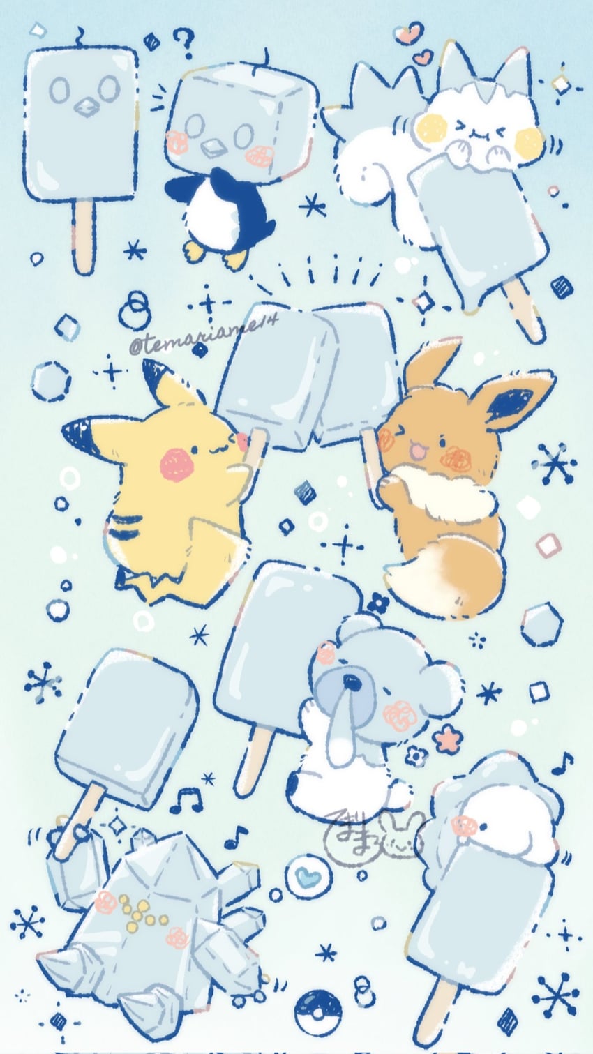 pikachu, eevee, pachirisu, snom, eiscue, and 2 more (pokemon) drawn by temariame14