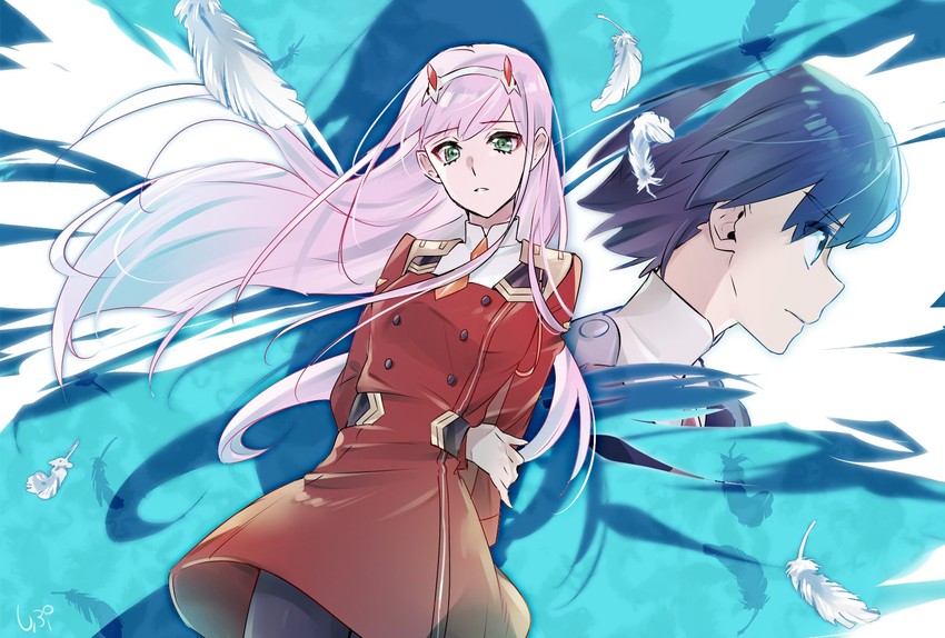 zero two and hiro (darling in the franxx) drawn by shipu_(gassyumaron)