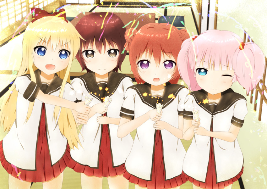 toshinou kyouko, akaza akari, funami yui, and yoshikawa chinatsu (yuruyuri) drawn by rirusu