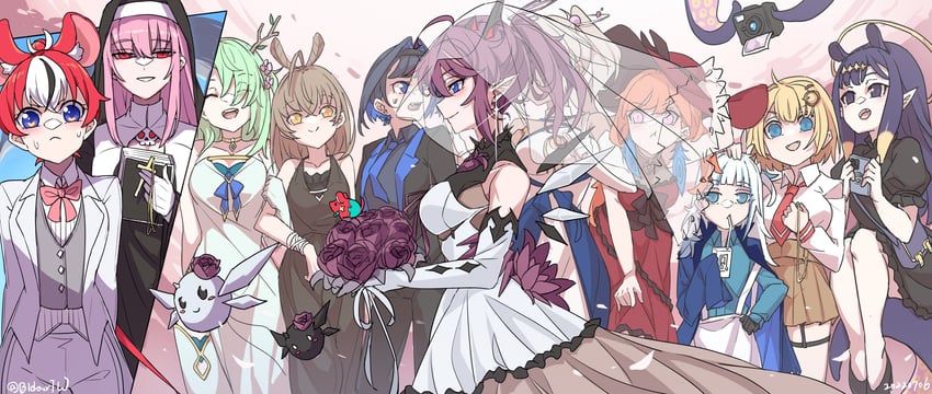 gawr gura, mori calliope, ninomae ina'nis, ouro kronii, nanashi mumei, and 6 more (hololive and 1 more) drawn by bidortw