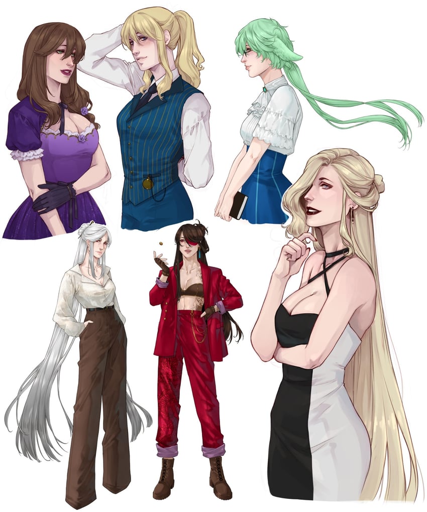 jean, ningguang, lisa, beidou, sucrose, and 1 more (genshin impact) drawn by annasassiart
