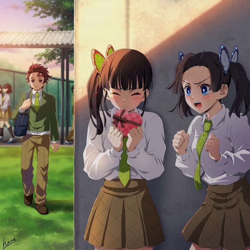 kamado tanjirou, tsuyuri kanao, and kanzaki aoi (kimetsu no yaiba and 1 more) drawn by hana_ni_nare