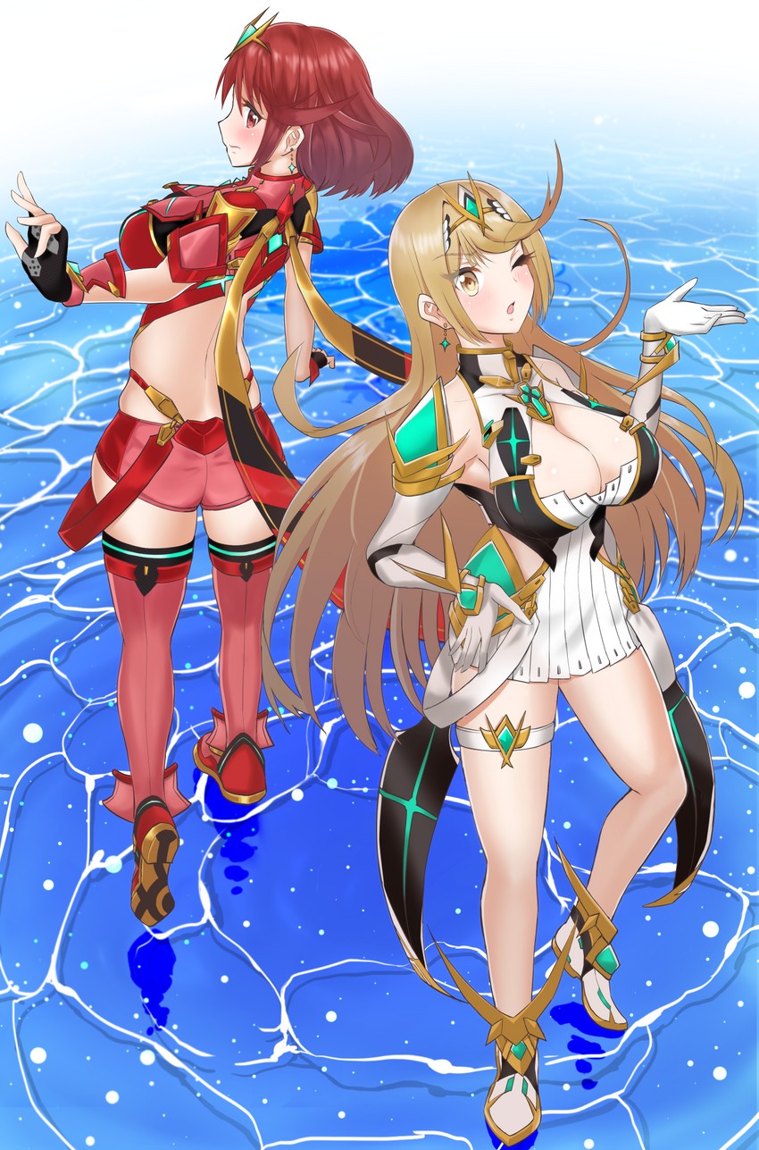 pyra and mythra (xenoblade chronicles and 1 more) drawn by ii_tea