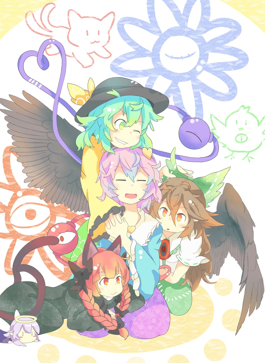 komeiji koishi, komeiji satori, kaenbyou rin, reiuji utsuho, and zombie fairy (touhou) drawn by ..._(user_eegj4223)
