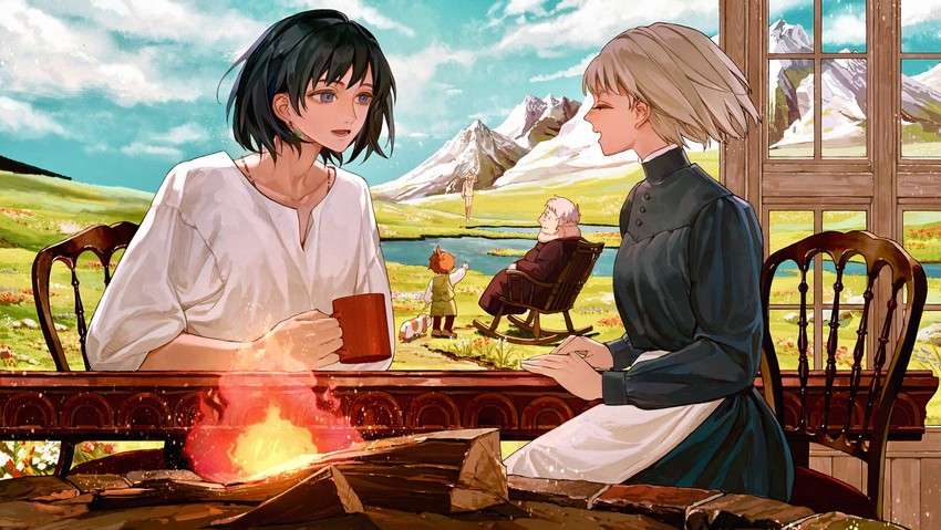 howl pendragon, sophie hatter, heen, markl, witch of the waste, and 1 more (howl no ugoku shiro) drawn by denn_(naluse_flow)
