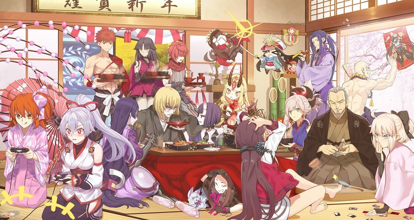 fujimaru ritsuka, okita souji, shuten douji, emiya shirou, minamoto no raikou, and 16 more (fate and 1 more) drawn by aora