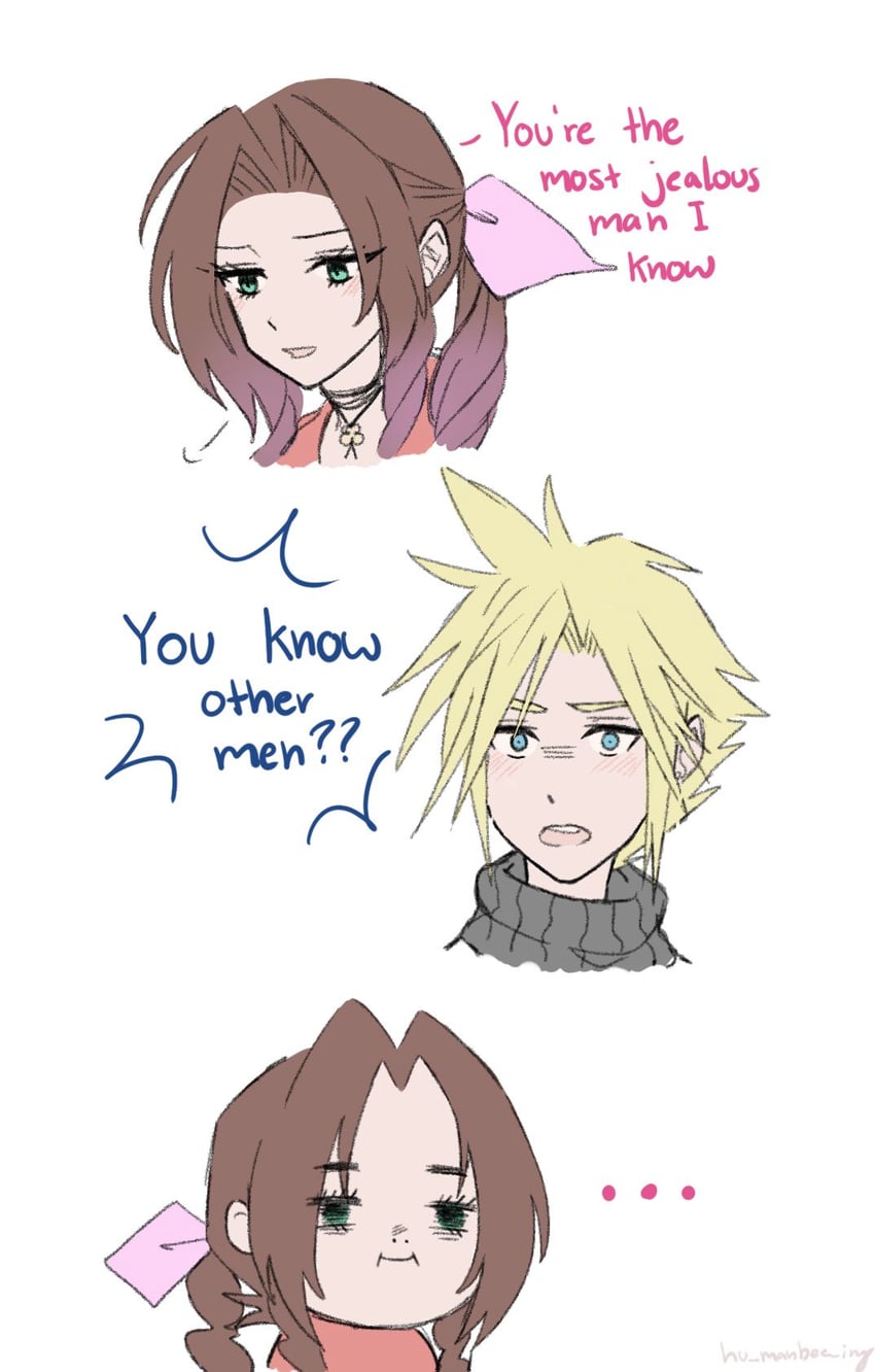 cloud strife and aerith gainsborough (final fantasy and 2 more) drawn by hu_manbee_ing