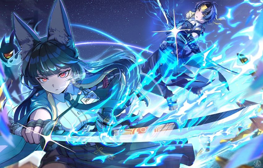 hoshimi miyabi, asaba harumasa, and tailless (zenless zone zero) drawn by azukimaru