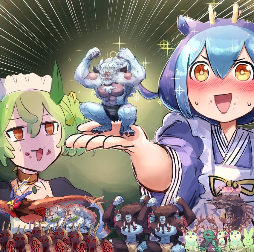 laundry dragonmaid, parlor dragonmaid, danger!? jackalope?, danger!? tsuchinoko?, danger! ogopogo!, and 5 more (yu-gi-oh!) drawn by hatano_kiyoshi