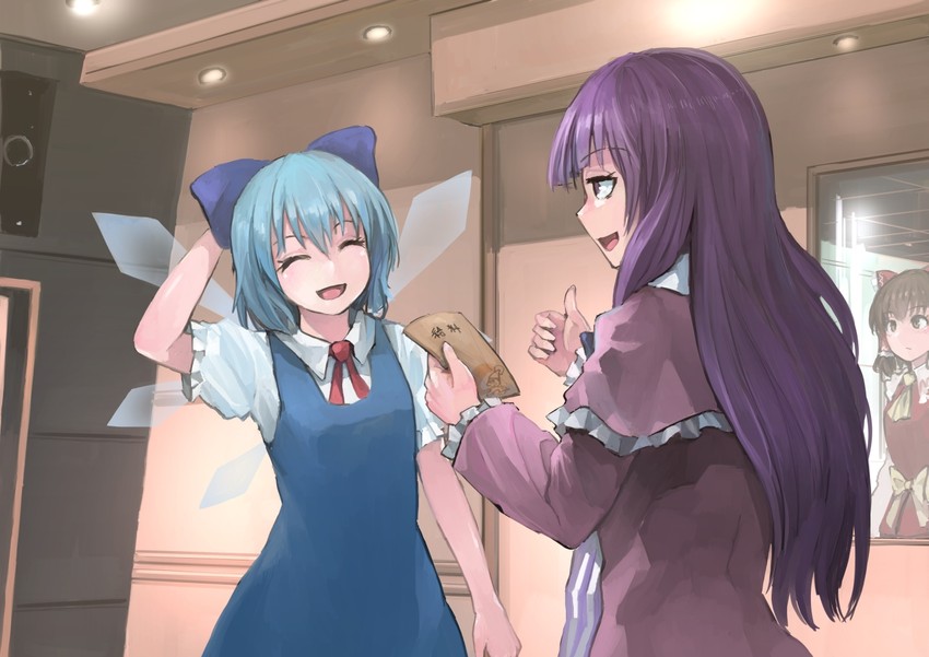 hakurei reimu, cirno, patchouli knowledge, kanna, taisa, and 1 more (touhou and 1 more) drawn by ichiba_youichi