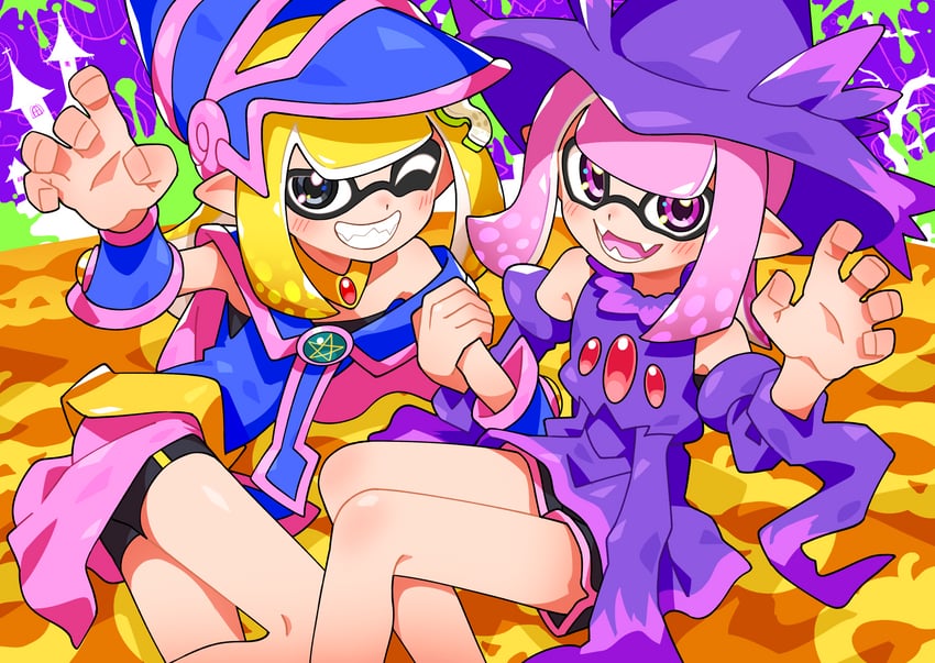 inkling player character, inkling girl, dark magician girl, and mismagius (pokemon and 2 more) drawn by fuji_tarawi