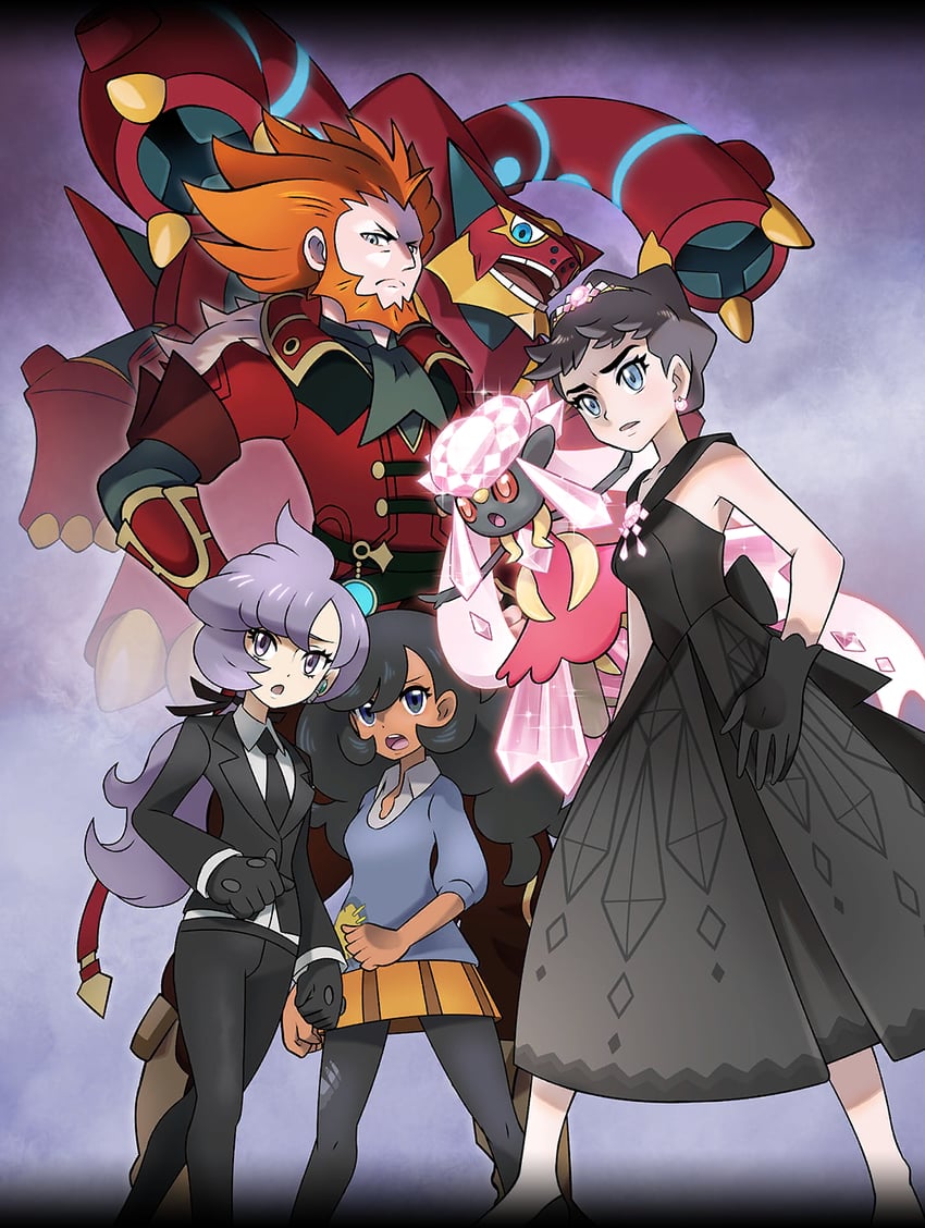 diantha, anabel, lysandre, diancie, emma, and 2 more (pokemon and 3 more) drawn by ariga_hitoshi
