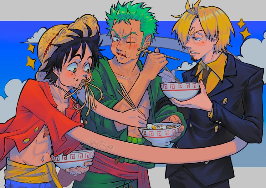 monkey d. luffy, roronoa zoro, and sanji (one piece) drawn by sainttufa