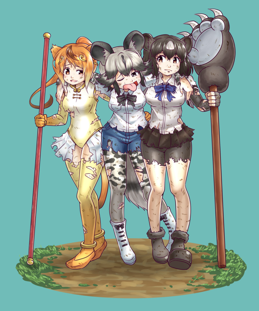brown bear, golden snub-nosed monkey, and african wild dog (kemono friends) drawn by doumoto