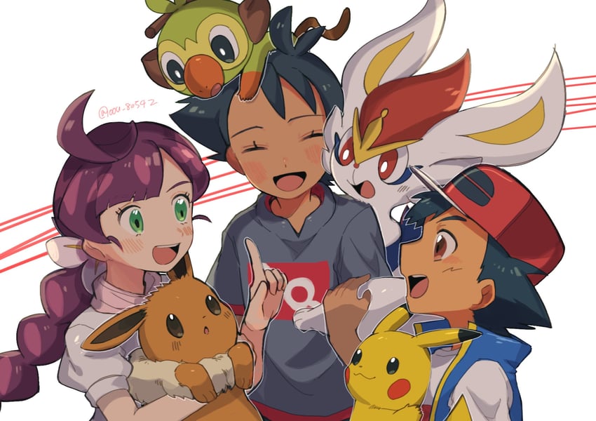 pikachu, ash ketchum, eevee, grookey, goh, and 2 more (pokemon and 1 more) drawn by oou_(tafc4385)