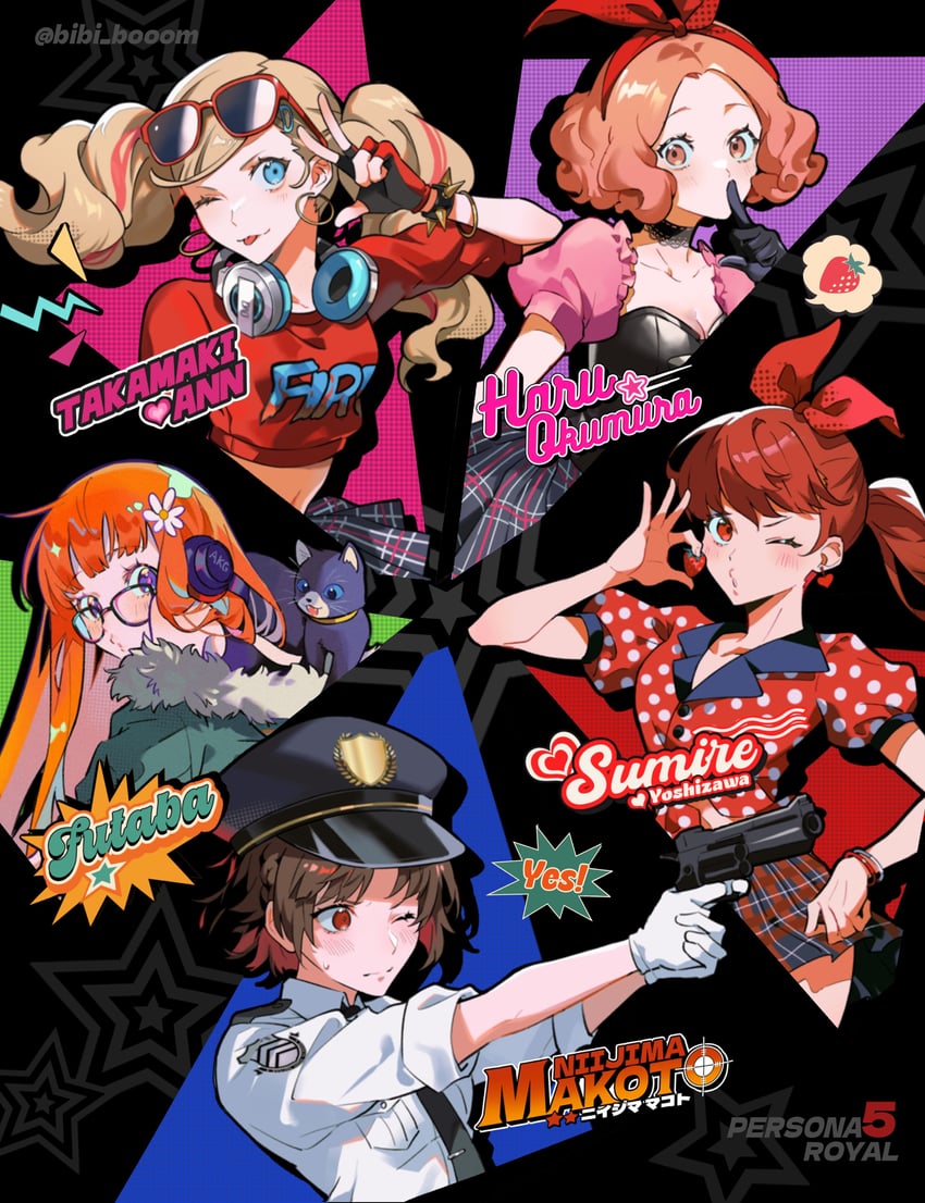 takamaki anne, sakura futaba, niijima makoto, okumura haru, morgana, and 1 more (persona and 4 more) drawn by bibi_booom