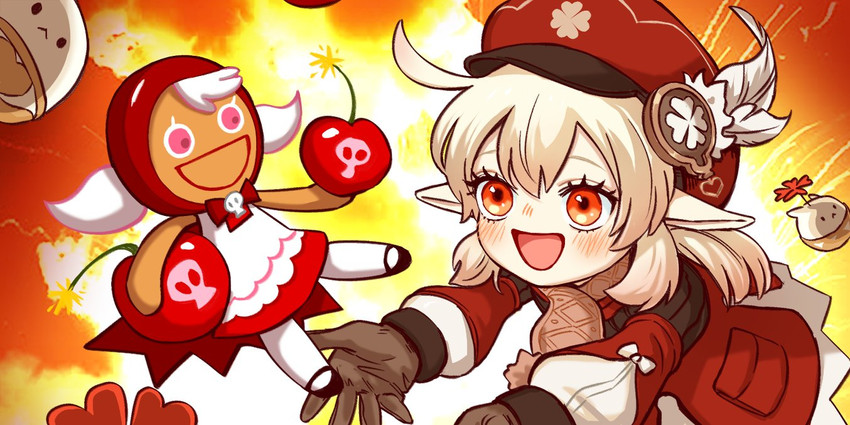 klee, jumpy dumpty, and cherry cookie (genshin impact and 1 more) drawn by gs_a_eliha
