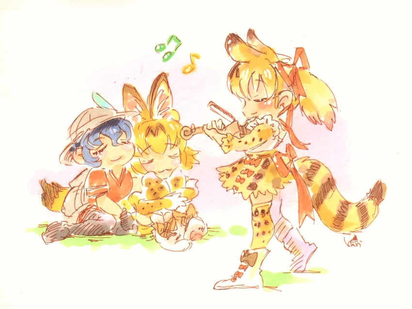 serval, kaban, and large-spotted genet (kemono friends and 1 more) drawn by kuri_no_sato