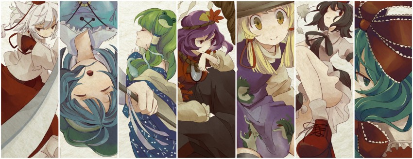 kochiya sanae, shameimaru aya, inubashiri momiji, moriya suwako, kawashiro nitori, and 2 more (touhou and 1 more) drawn by yuzuhara_moke