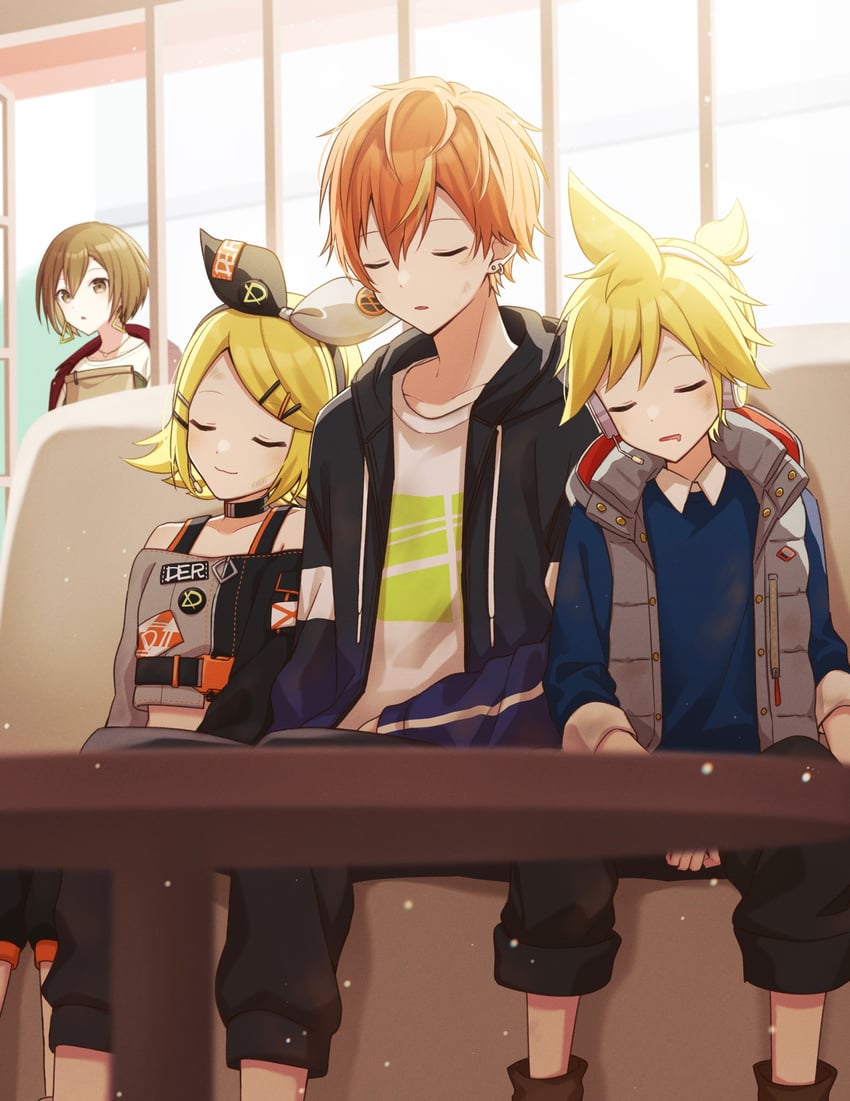 kagamine rin, kagamine len, meiko, shinonome akito, vivid bad squad len, and 2 more (vocaloid and 1 more) drawn by teneko02