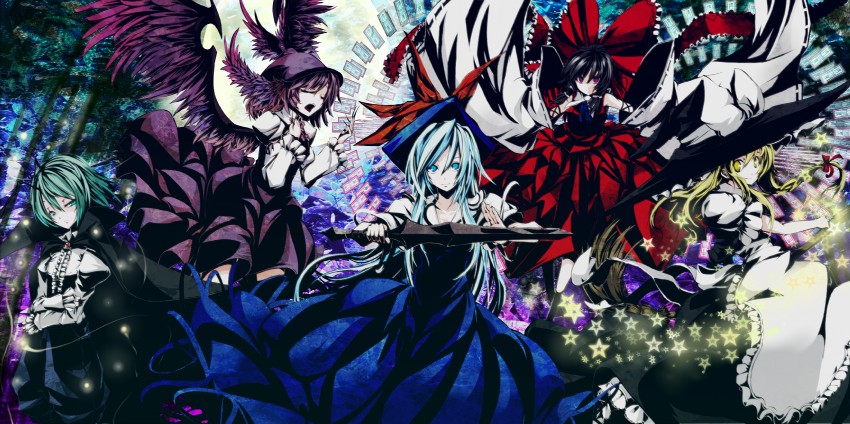 hakurei reimu, kirisame marisa, kamishirasawa keine, mystia lorelei, and wriggle nightbug (touhou) drawn by beshi