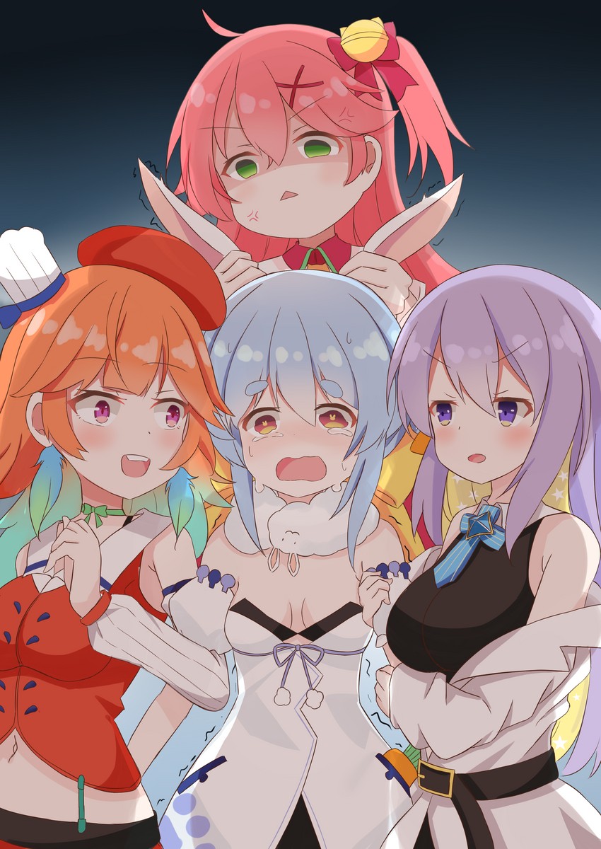 usada pekora, sakura miko, takanashi kiara, don-chan, and moona hoshinova (hololive and 2 more) drawn by kurashina_yuzuki