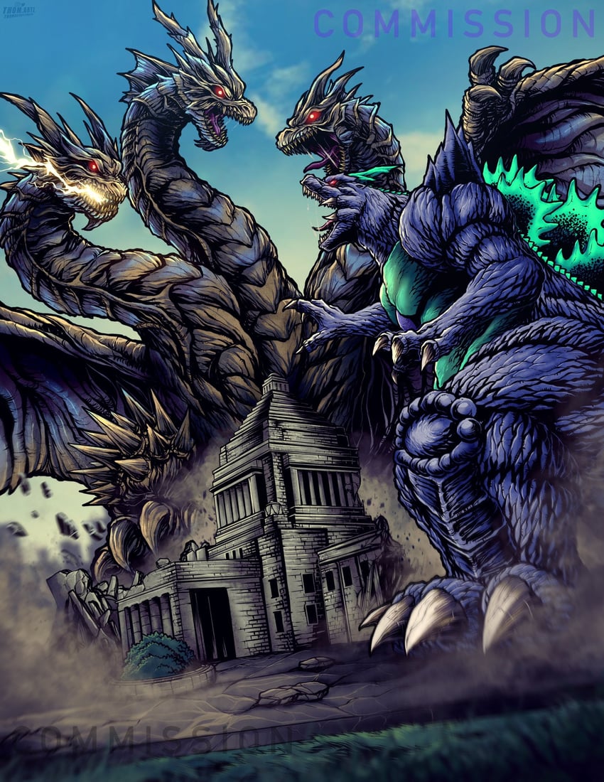 godzilla, keizer ghidorah, and super godzilla (godzilla and 2 more) drawn by thomdotartz