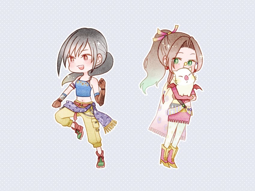 tifa lockhart, aerith gainsborough, terra branford, moogle, and sabin rene figaro (final fantasy and 2 more) drawn by bluelimbo8888