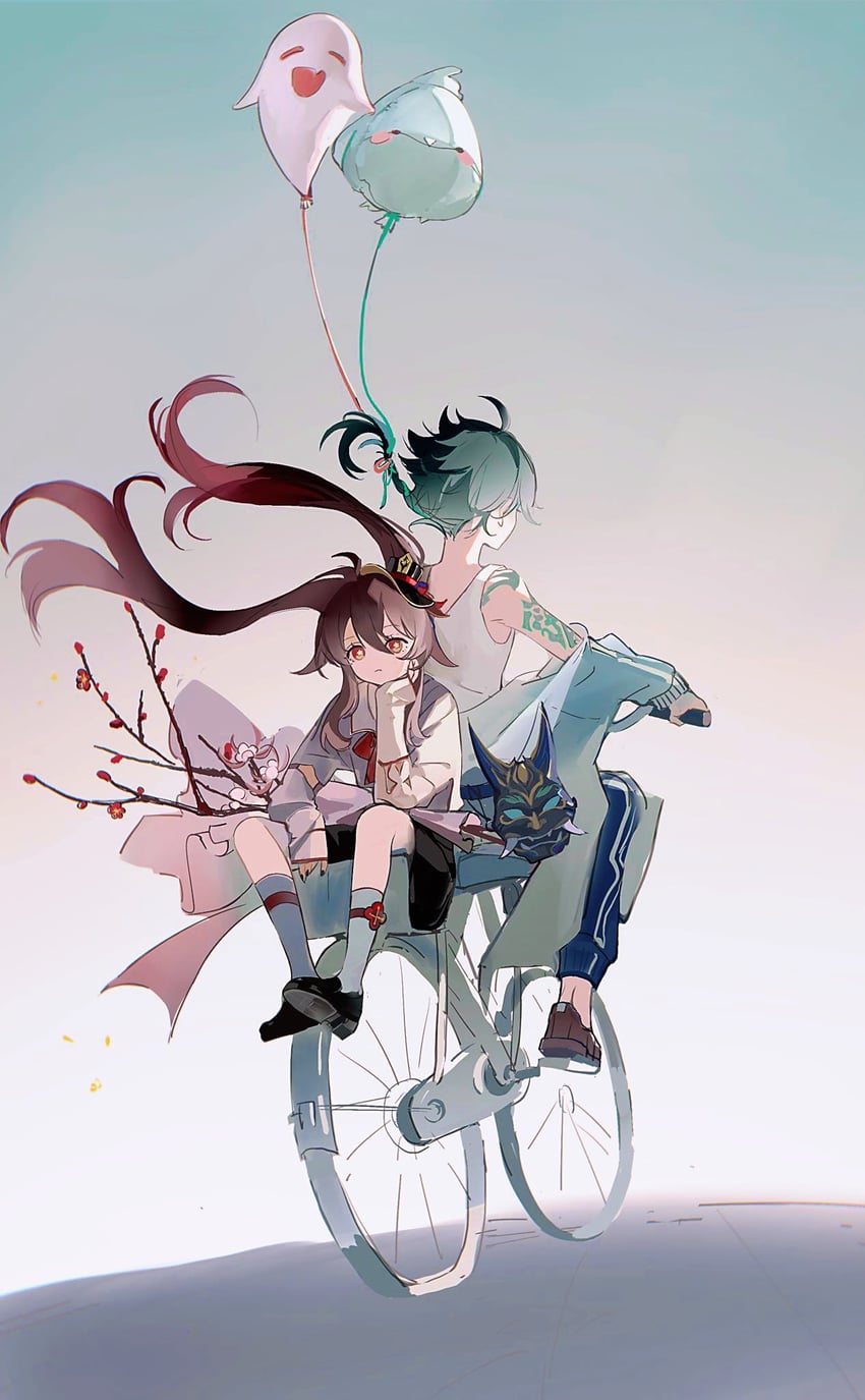 hu tao, xiao, and boo tao (genshin impact) drawn by huashengmi