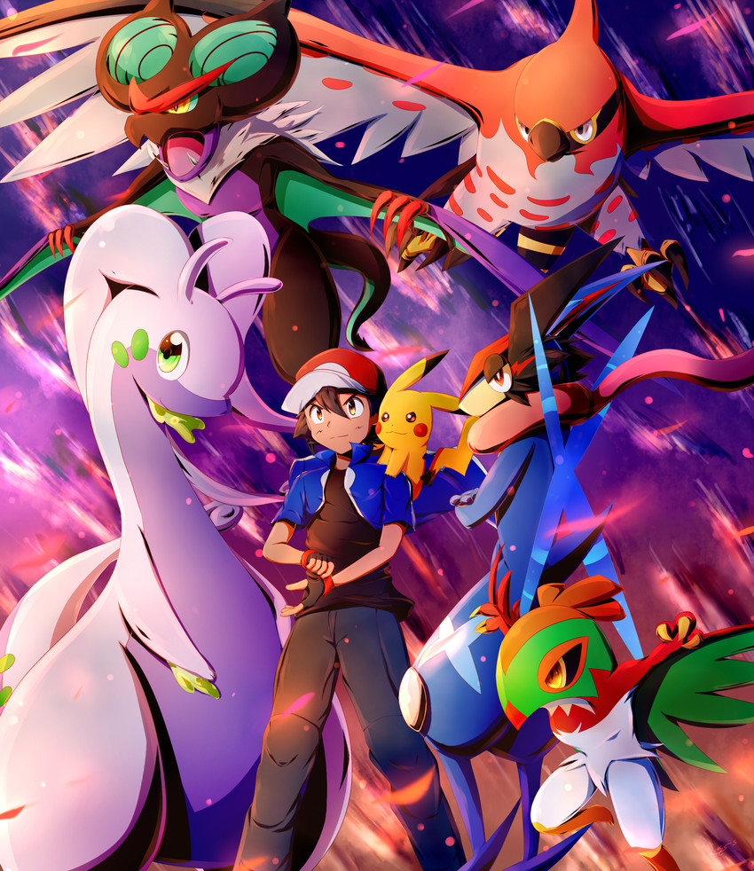 pikachu, ash ketchum, greninja, goodra, talonflame, and 3 more (pokemon) drawn by shirogane_yu