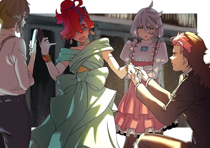 suletta mercury, miorine rembran, guel jeturk, elan ceres, loran cehack, and 2 more (gundam and 2 more) drawn by aduti_momoyama