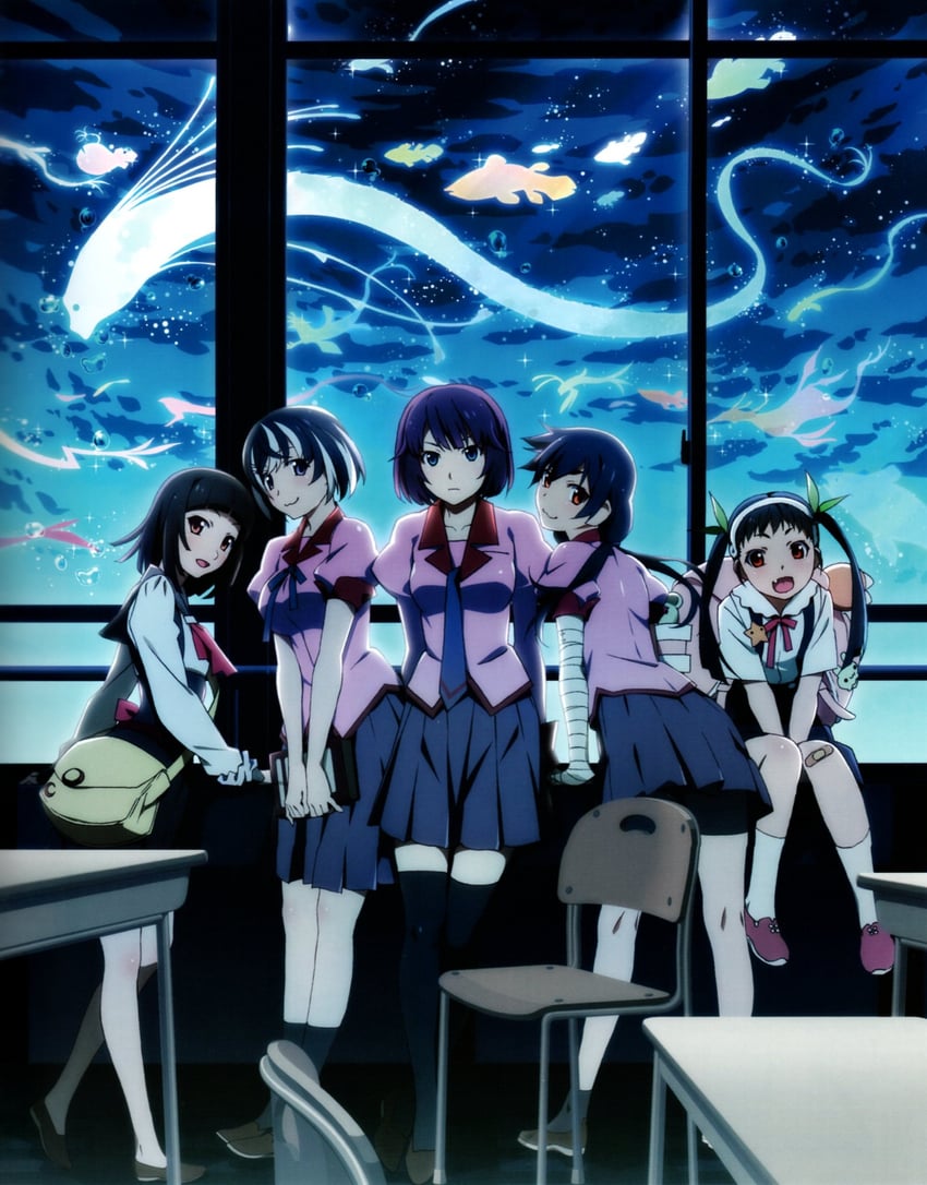 senjougahara hitagi, hanekawa tsubasa, sengoku nadeko, hachikuji mayoi, and kanbaru suruga (monogatari) drawn by watanabe_akio