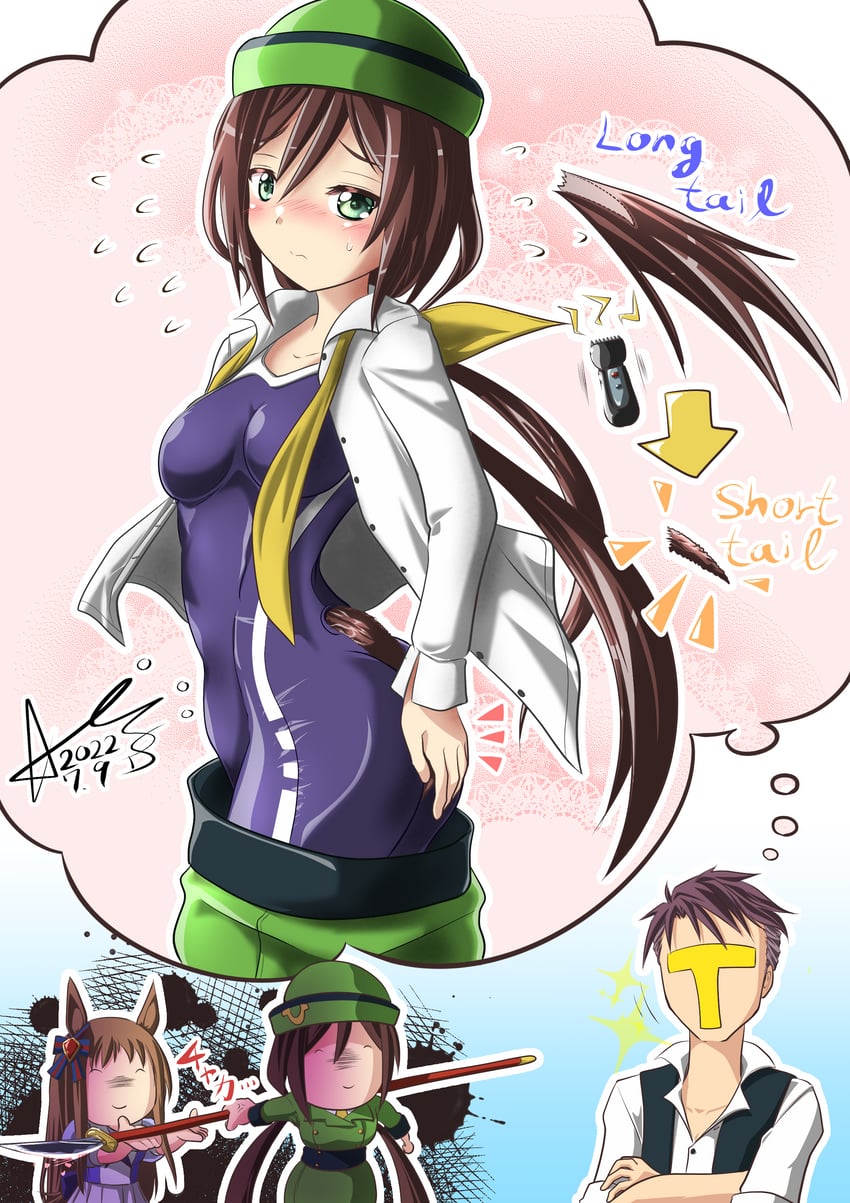 trainer, t-head trainer, grass wonder, hayakawa tazuna, and akikawa yayoi (umamusume) drawn by isaka_souhei_(yuukn)