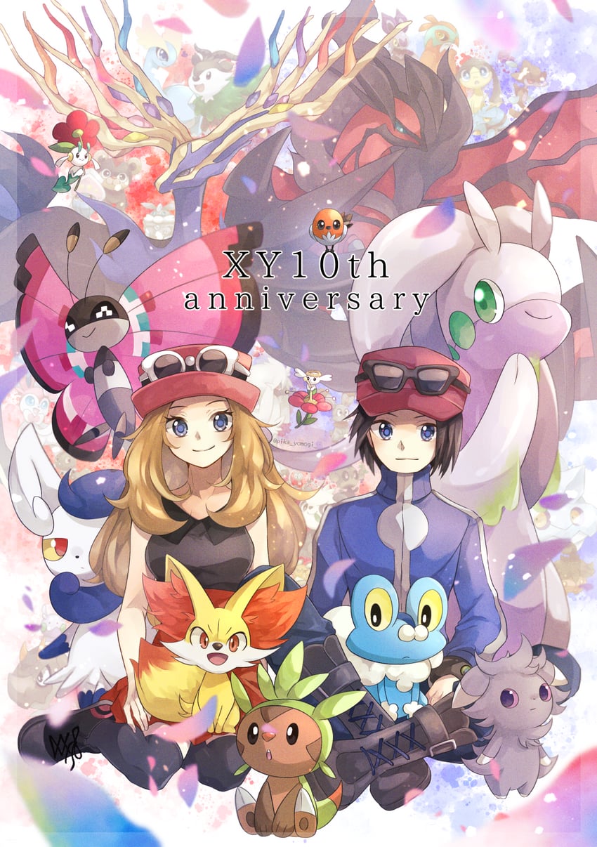 serena, calem, fennekin, espurr, chespin, and 14 more (pokemon and 1 more) drawn by yomogi_(black-elf)