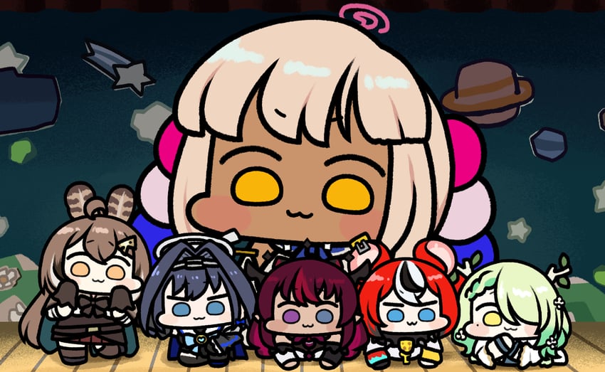 ouro kronii, nanashi mumei, hakos baelz, ceres fauna, irys, and 1 more (hololive and 1 more) drawn by jazz_jack