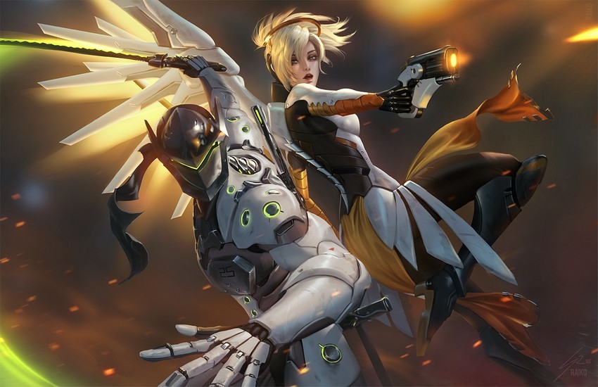 mercy and genji (overwatch and 1 more) drawn by raikoart