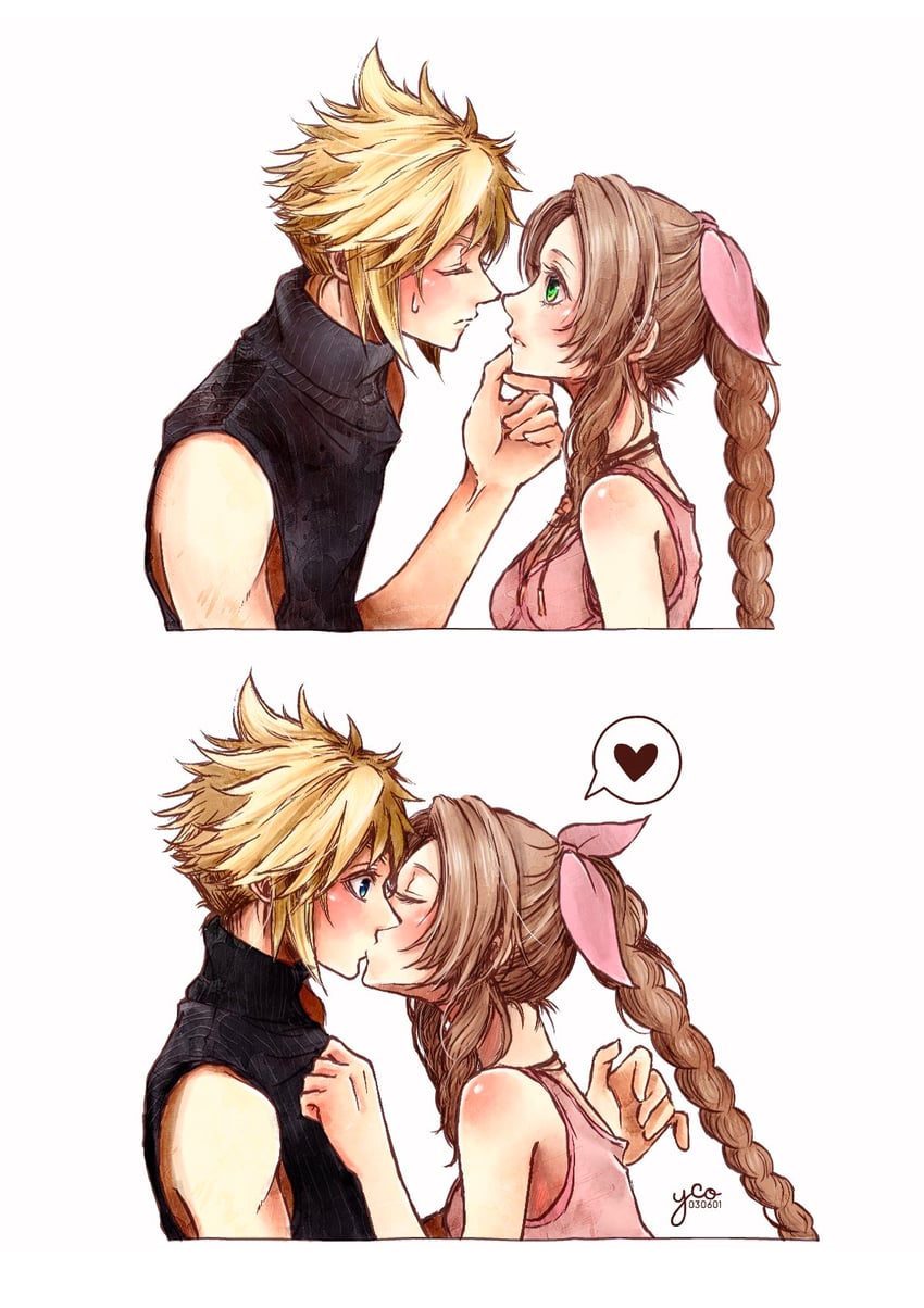 cloud strife and aerith gainsborough (final fantasy and 2 more) drawn by yco_030601