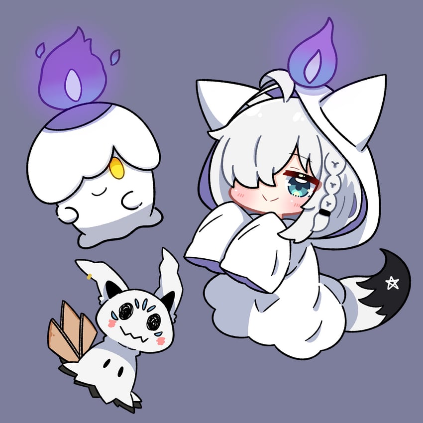 shirakami fubuki, mimikyu, litwick, and sukonbu (pokemon and 1 more) drawn by dohoon