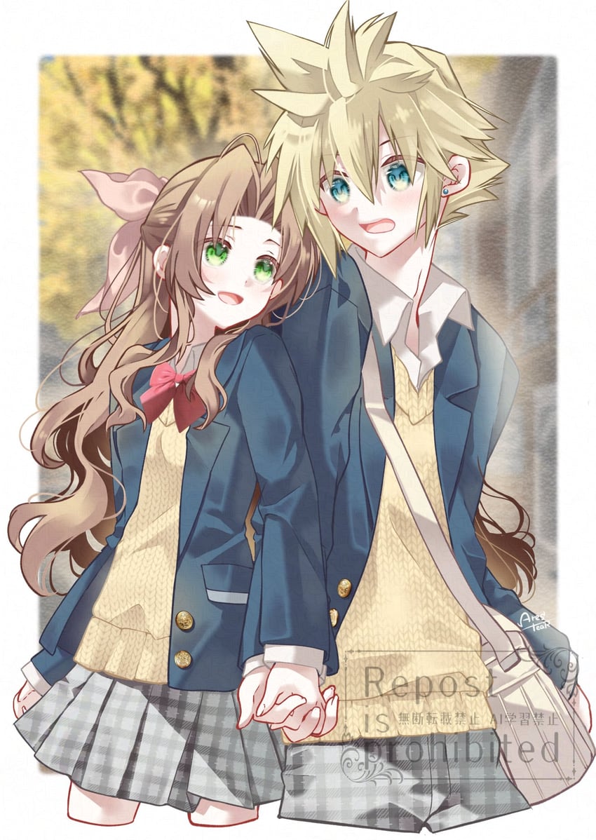 cloud strife and aerith gainsborough (final fantasy and 1 more) drawn by arestear0701