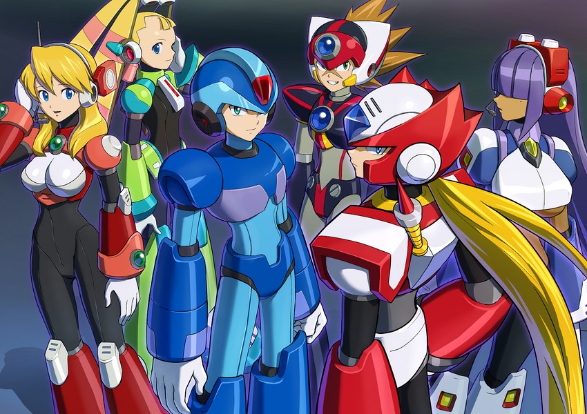 zero, x, axl, alia, layer, and 1 more (mega man and 2 more) drawn by hoshi_mikan