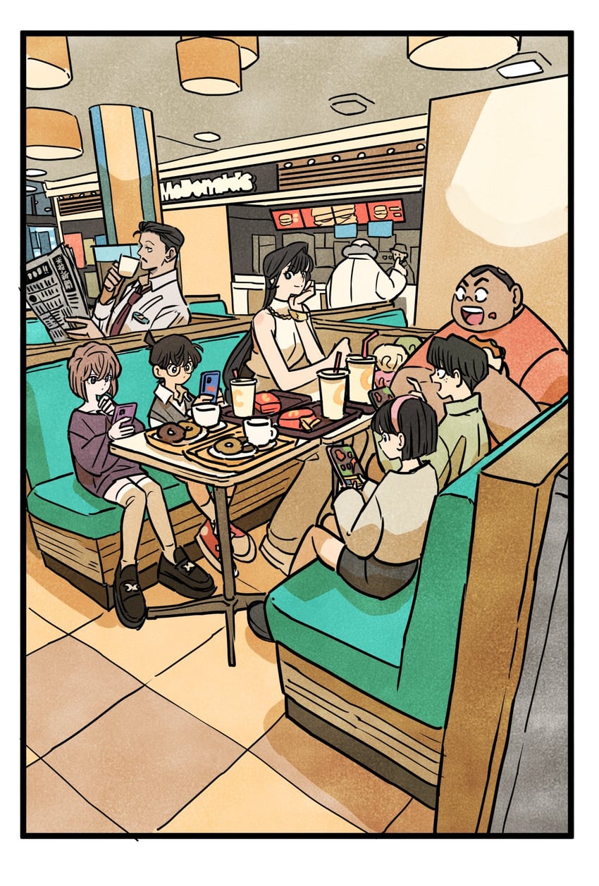 edogawa conan, haibara ai, mouri ran, yoshida ayumi, mouri kogoro, and 3 more (meitantei conan and 1 more) drawn by takeuchi_ryousuke