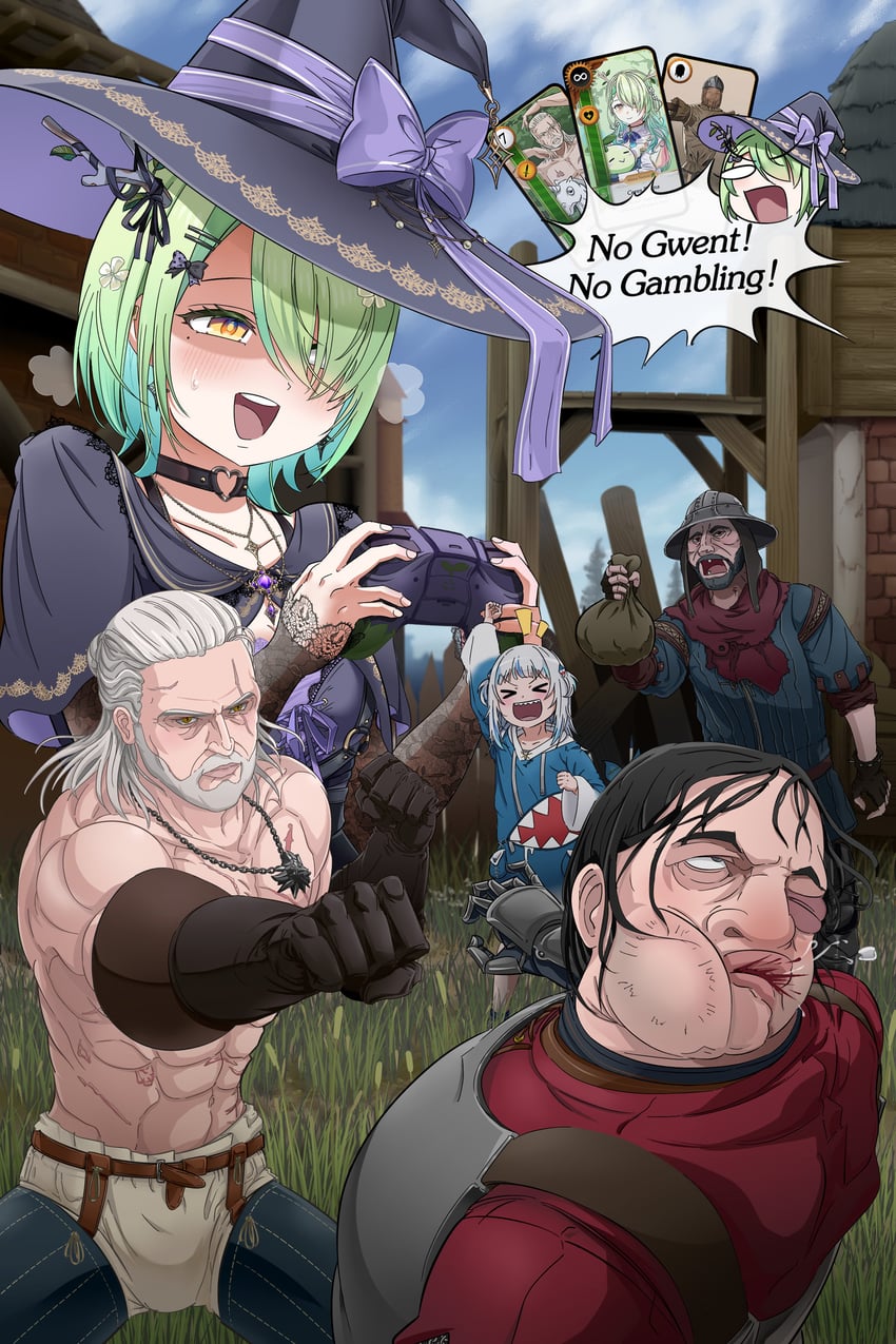 gawr gura, ceres fauna, sapling, and geralt of rivia (hololive and 3 more) drawn by edf_ken